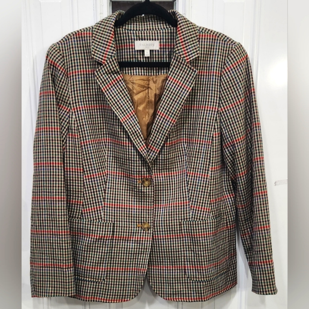 Talbots tan colorful checkered print blazer women's size 16